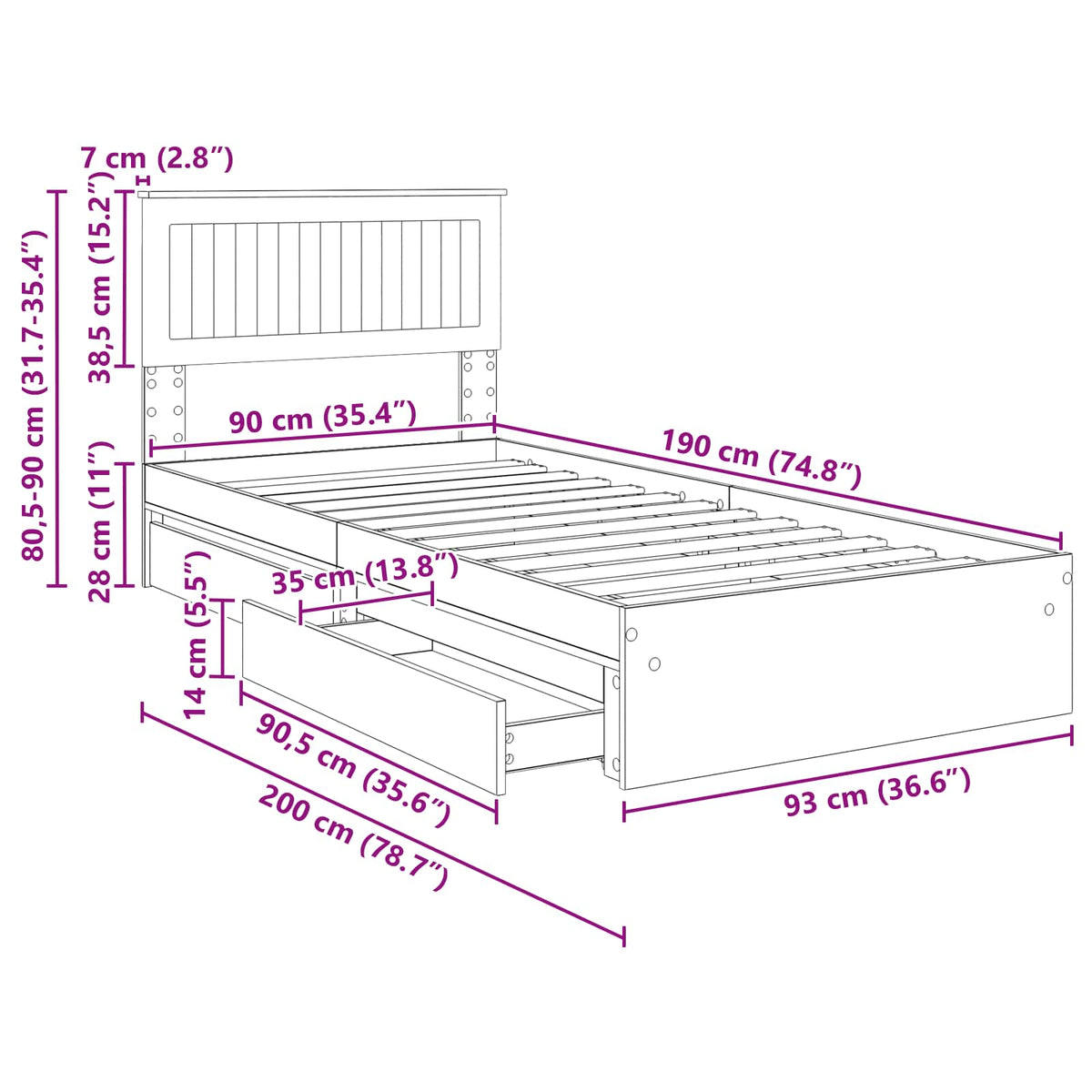 Krevet s od storage Crna 90 x 190 cm Konstruirano drvo