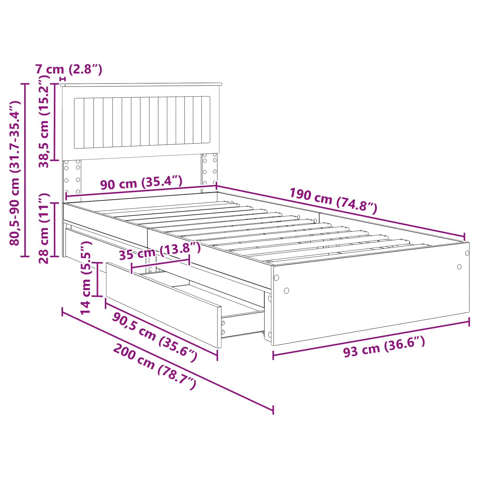 Krevet s od storage s uzglavljem Dimljeni hrast 90 x 190 cm