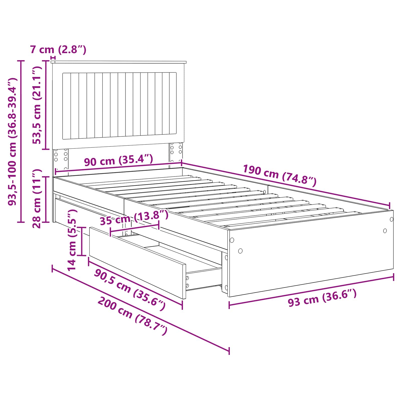 Krevet s od storage s uzglavljem Dimljeni hrast 90 x 190 cm