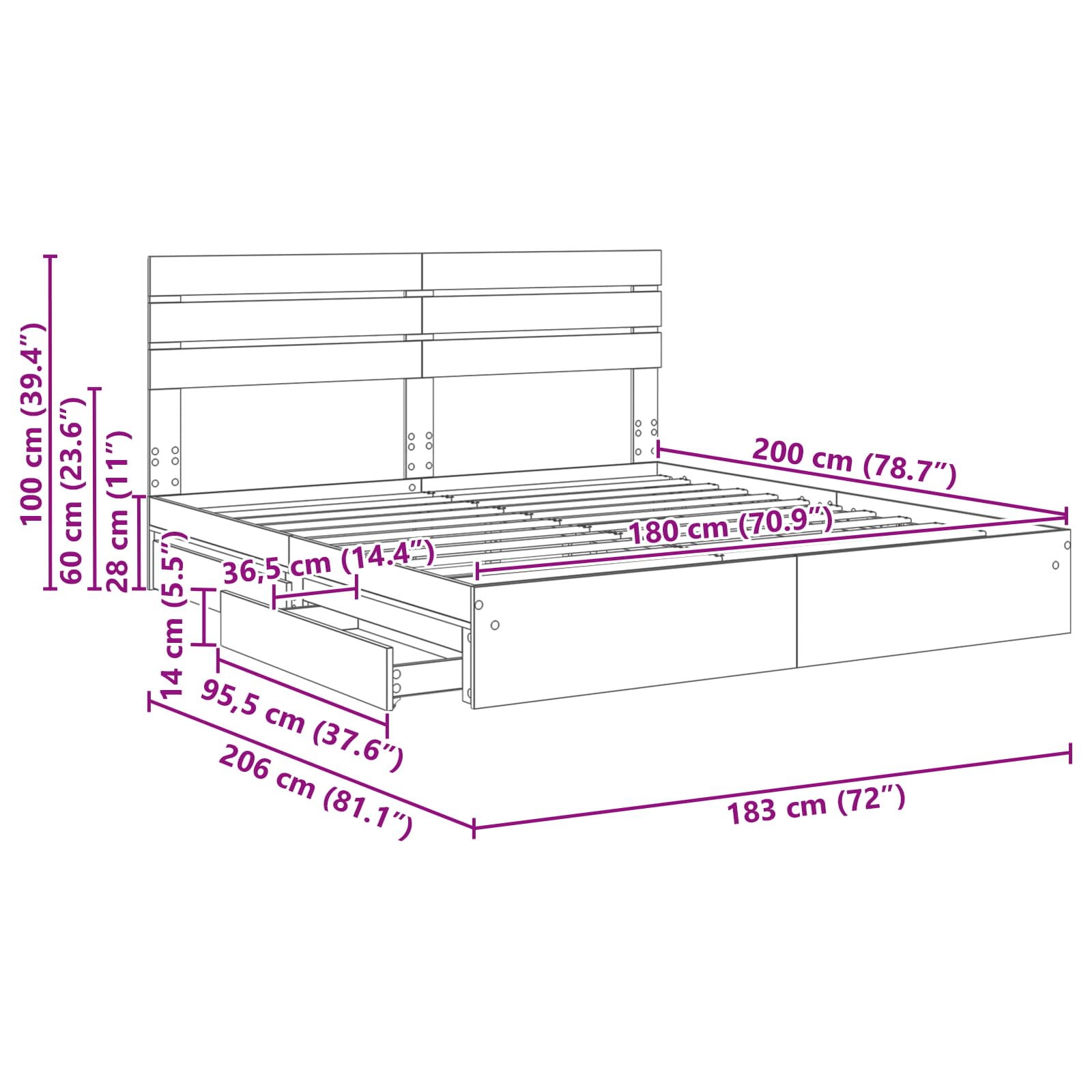 Krevet s od storage s uzglavljem Betonski sivi 180 x 200 cm