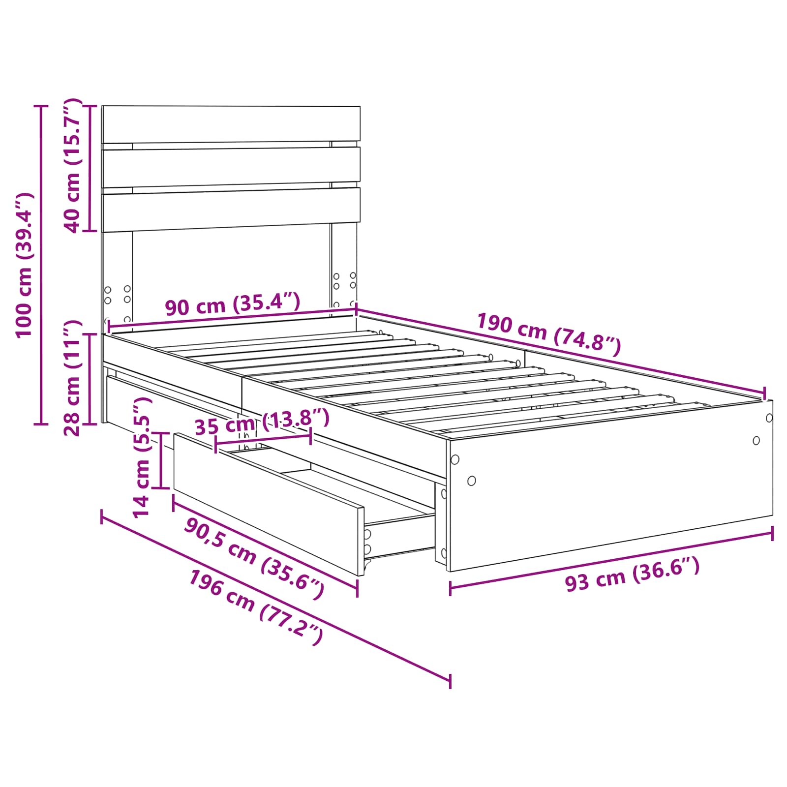 Krevet s od storage s uzglavljem Dimljeni hrast 90 x 190 cm