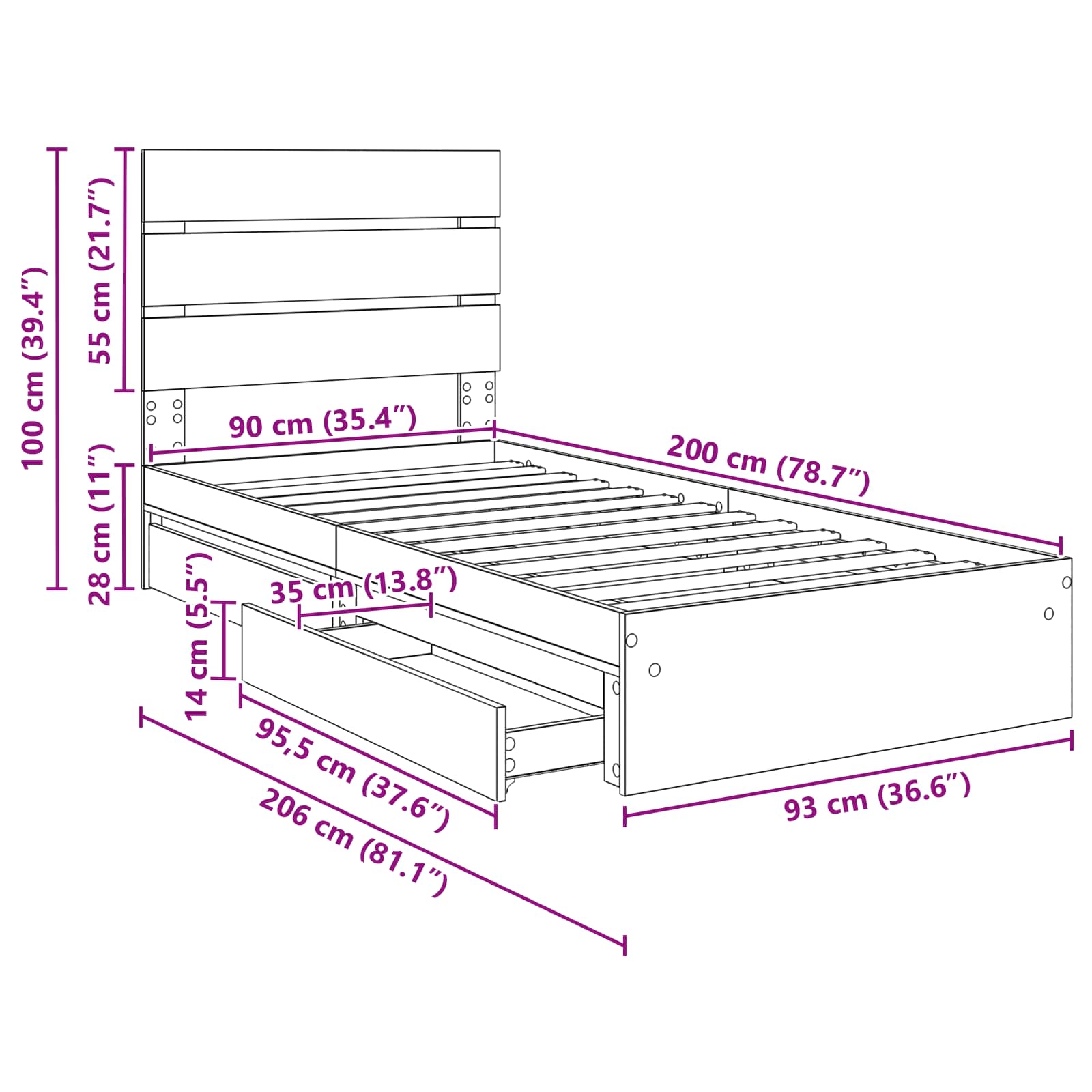 Krevet s od storage s uzglavljem Dimljeni hrast 90 x 200 cm