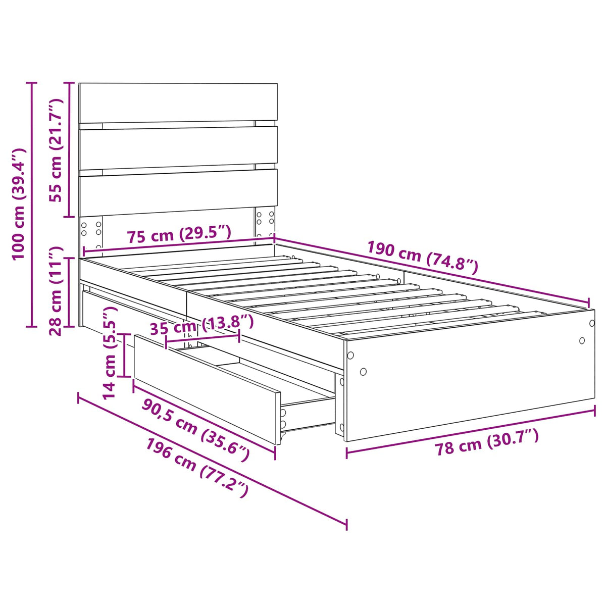 Krevet s od storage Siva Sonoma 70 x 190 cm Konstruirano drvo