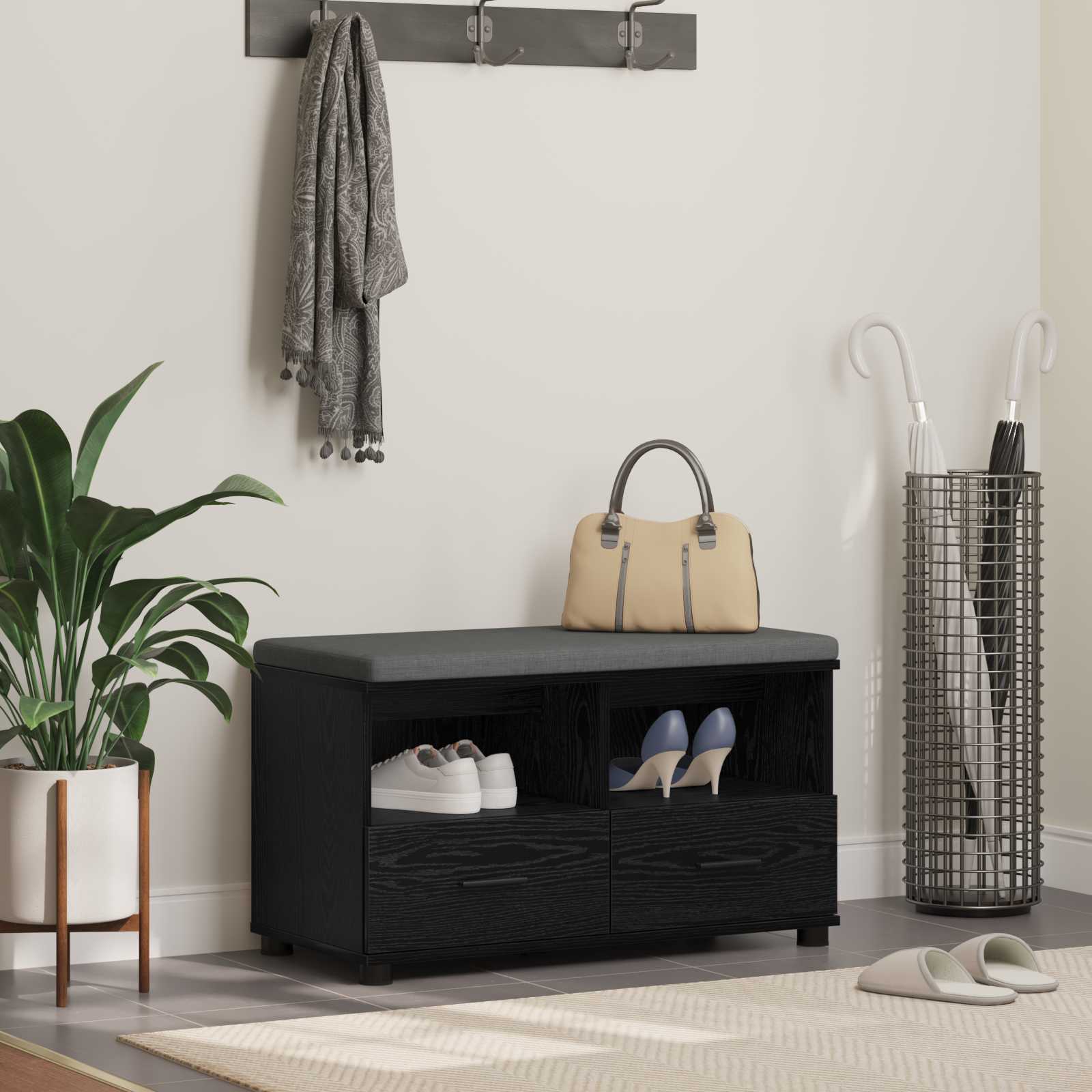 Klupa za hodnik s jastukom s policom Crni Hrast 80 x 38 x 46 cm