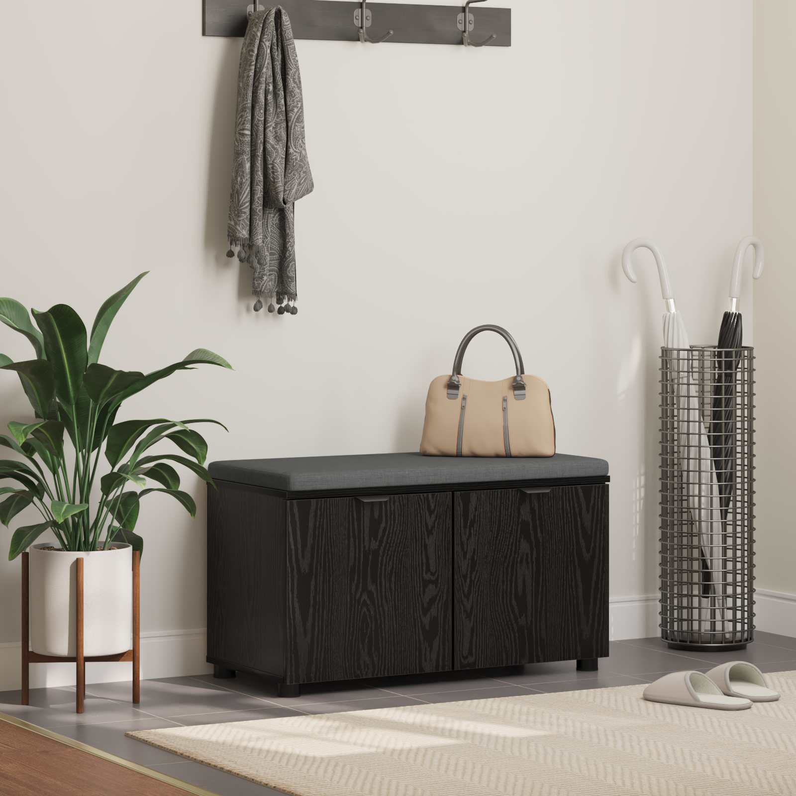 Klupa za hodnik s jastukom s policom Crni Hrast 80 x 38 x 46 cm