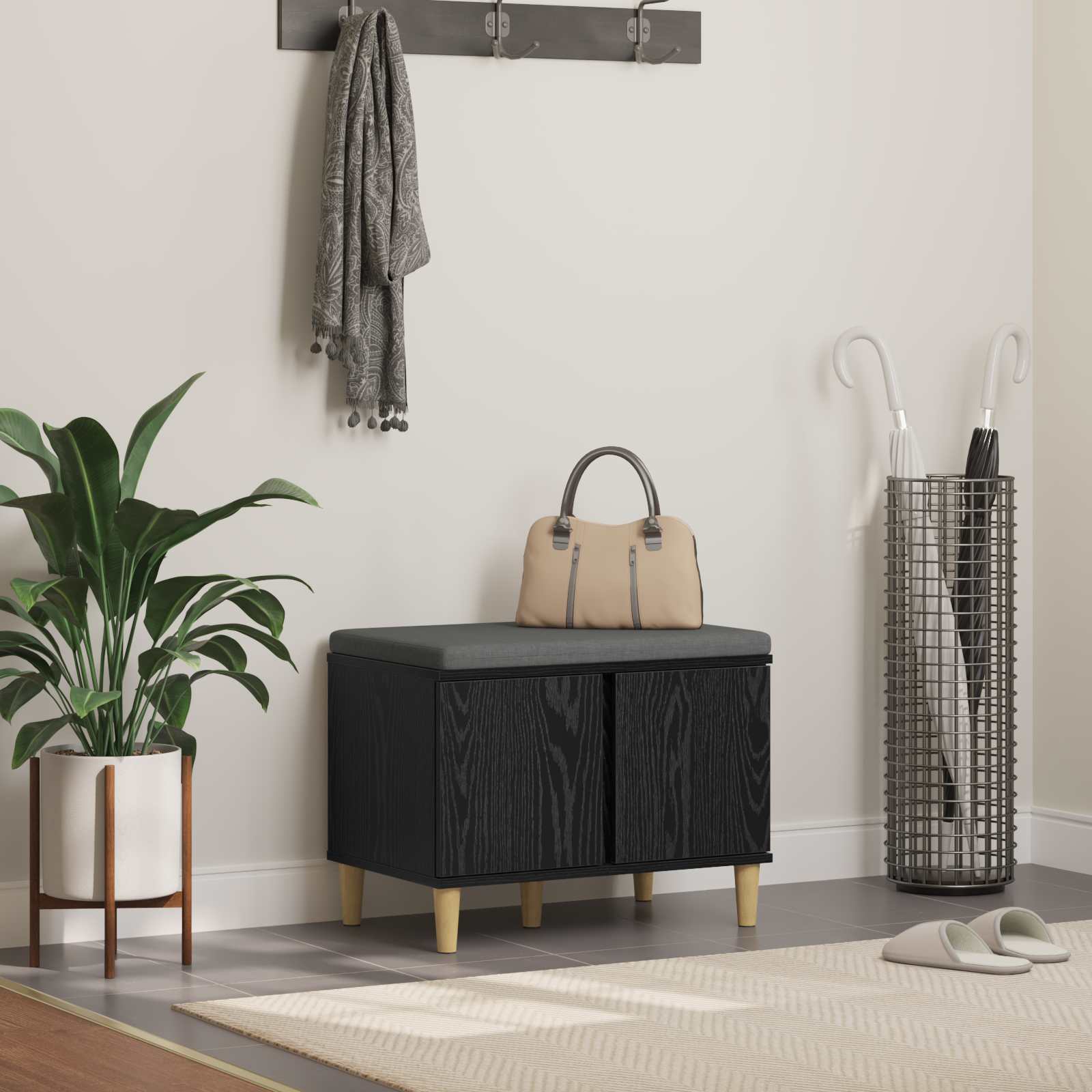 Klupa za hodnik s jastukom s vratima Crni Hrast 60 x 38 x 46 cm