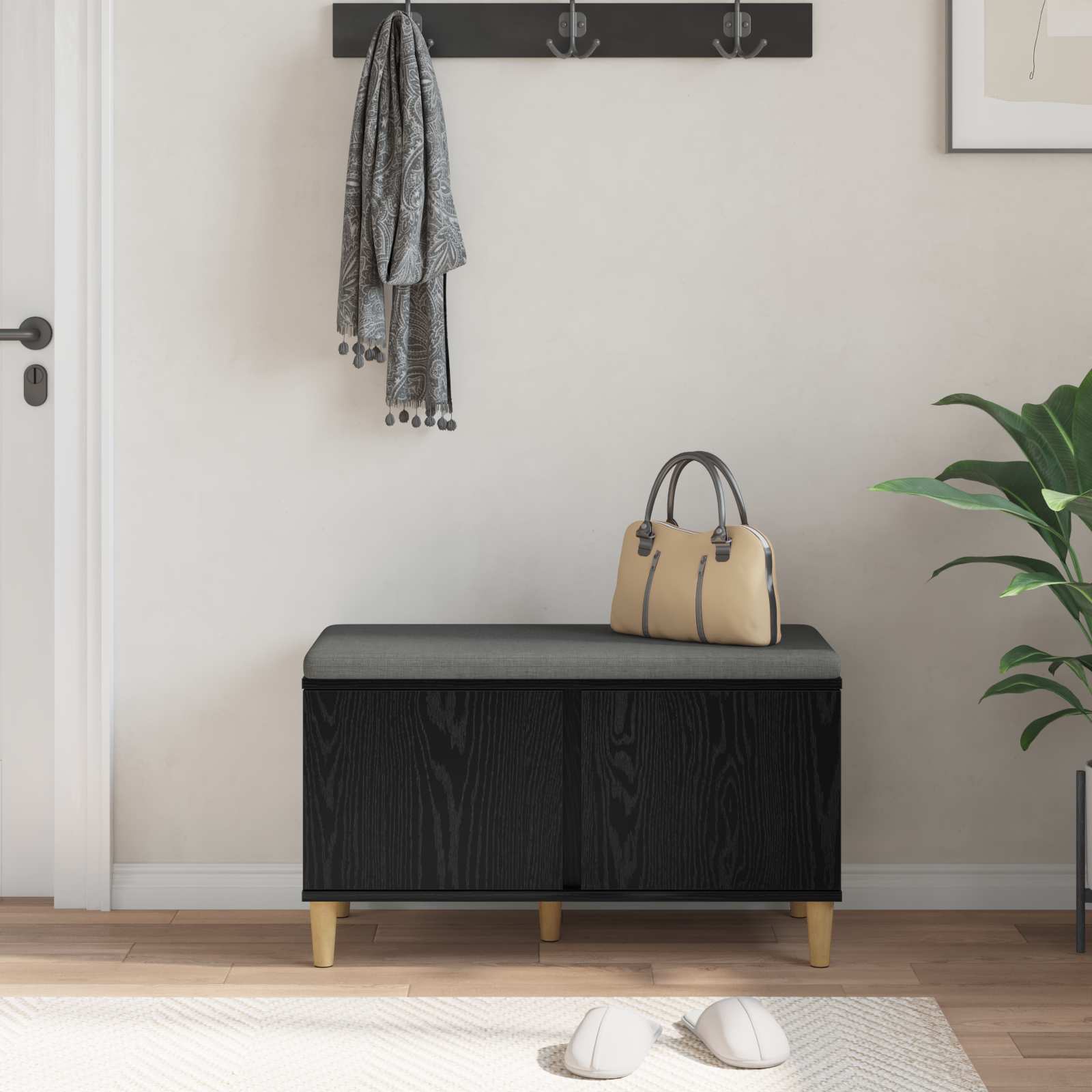 Klupa za hodnik s jastukom s vratima Crni Hrast 80 x 38 x 46 cm