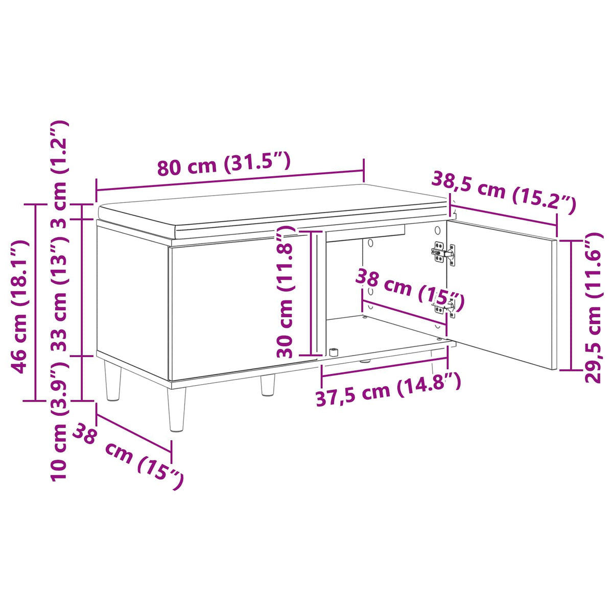 Klupa za hodnik s jastukom s vratima Crni Hrast 80 x 38 x 46 cm