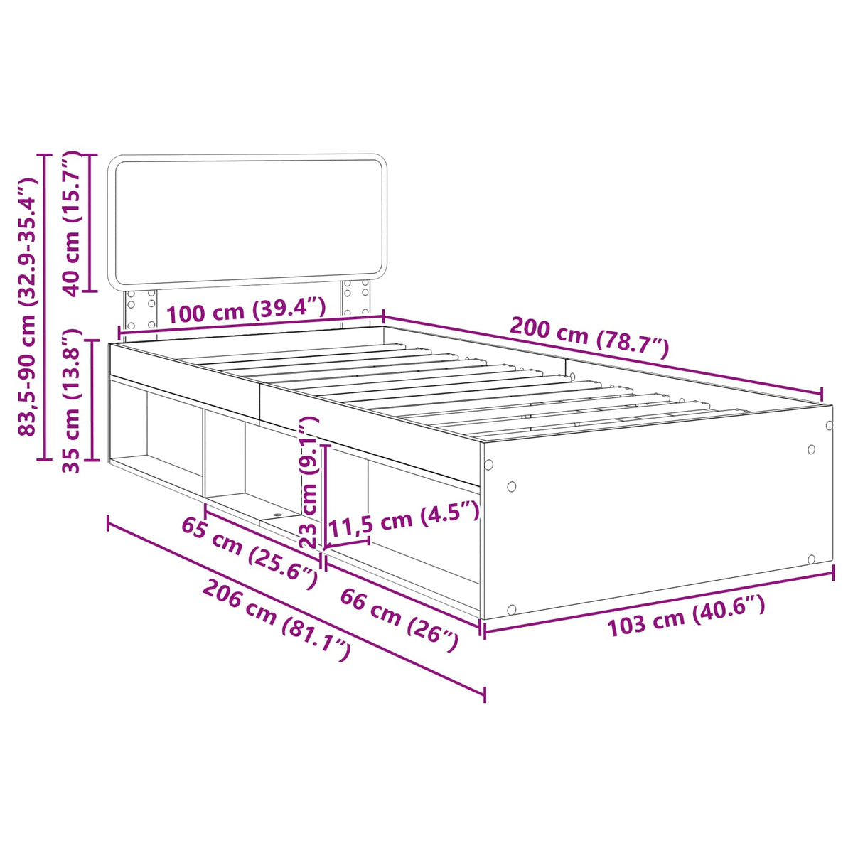 Krevetna konstrukcija s uzglavljem Smeđi hrast 100 x 200 cm