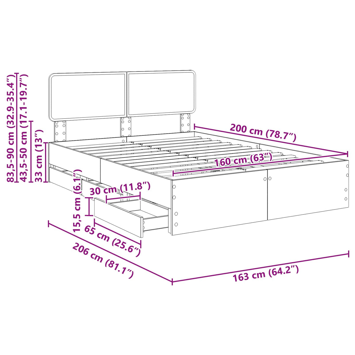 Krevetna konstrukcija s ladicama Betonsko Siva 160 x 200 cm