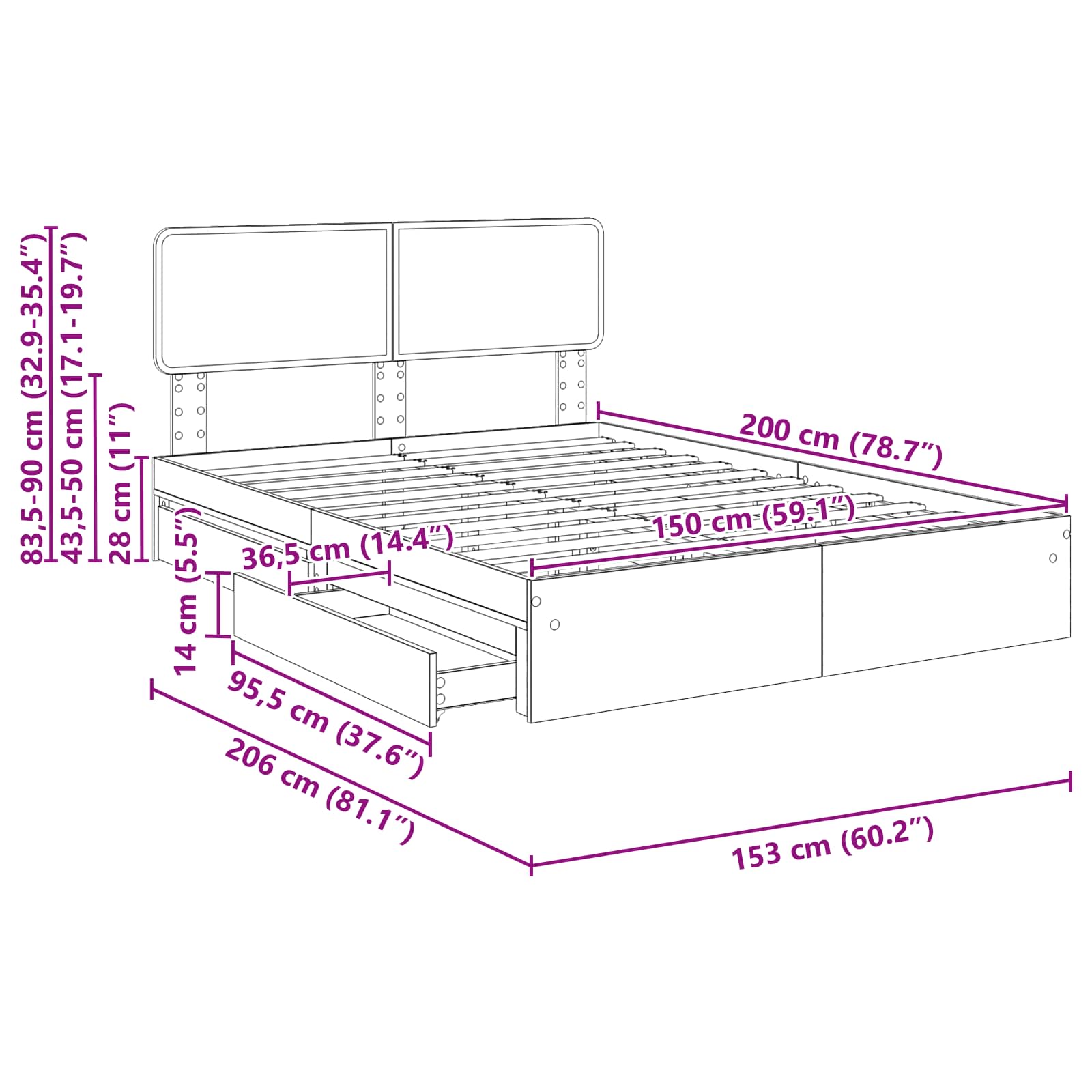 Krevet s od storage Sonoma hrast 150 x 200 cm Konstruirano drvo