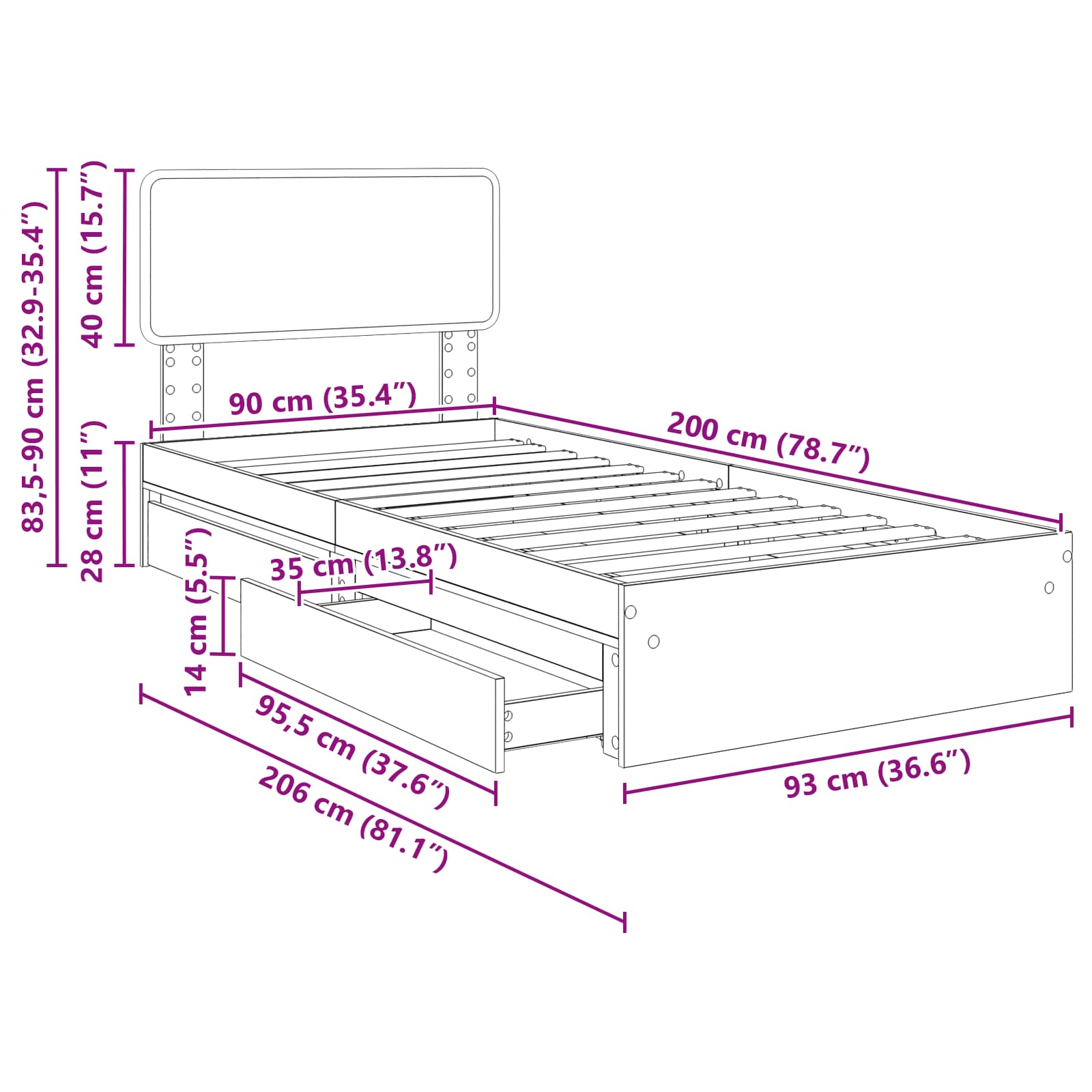 Krevet s od storage s uzglavljem Dimljeni hrast 90 x 200 cm