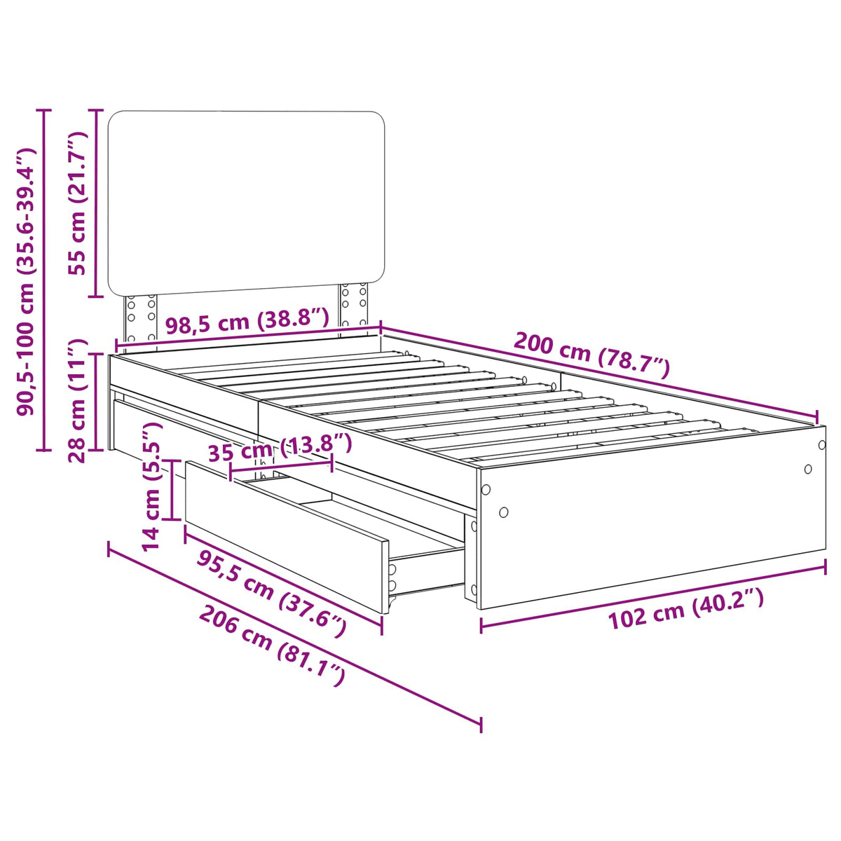 Krevet s od storage Sonoma hrast 100 x 200 cm Konstruirano drvo