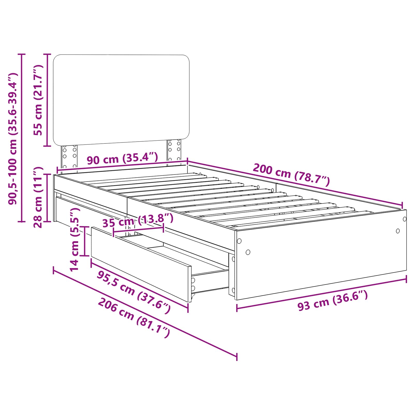 Krevet s od storage Sonoma hrast 90 x 200 cm Konstruirano drvo