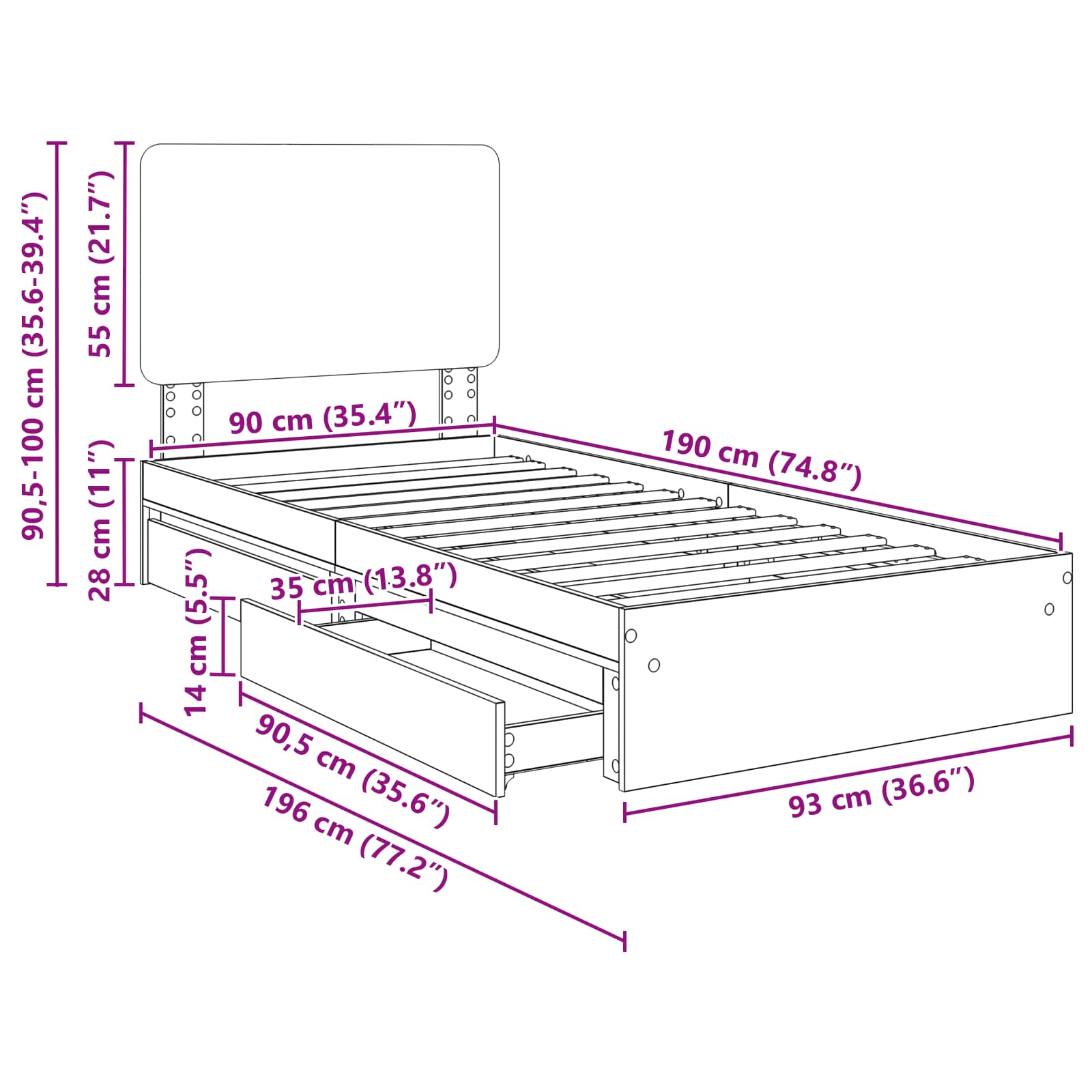 Krevet s od storage s uzglavljem Dimljeni hrast 90 x 190 cm