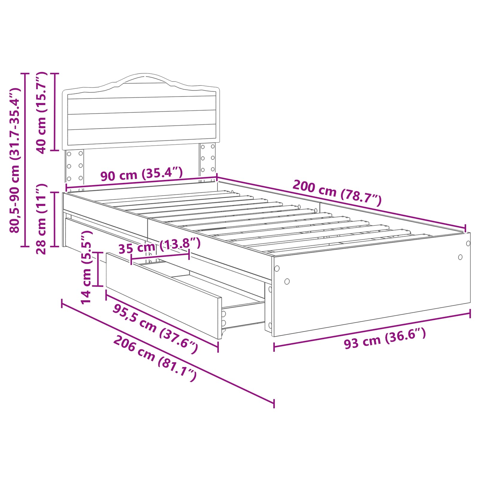 Krevet s od storage s uzglavljem Dimljeni hrast 90 x 200 cm