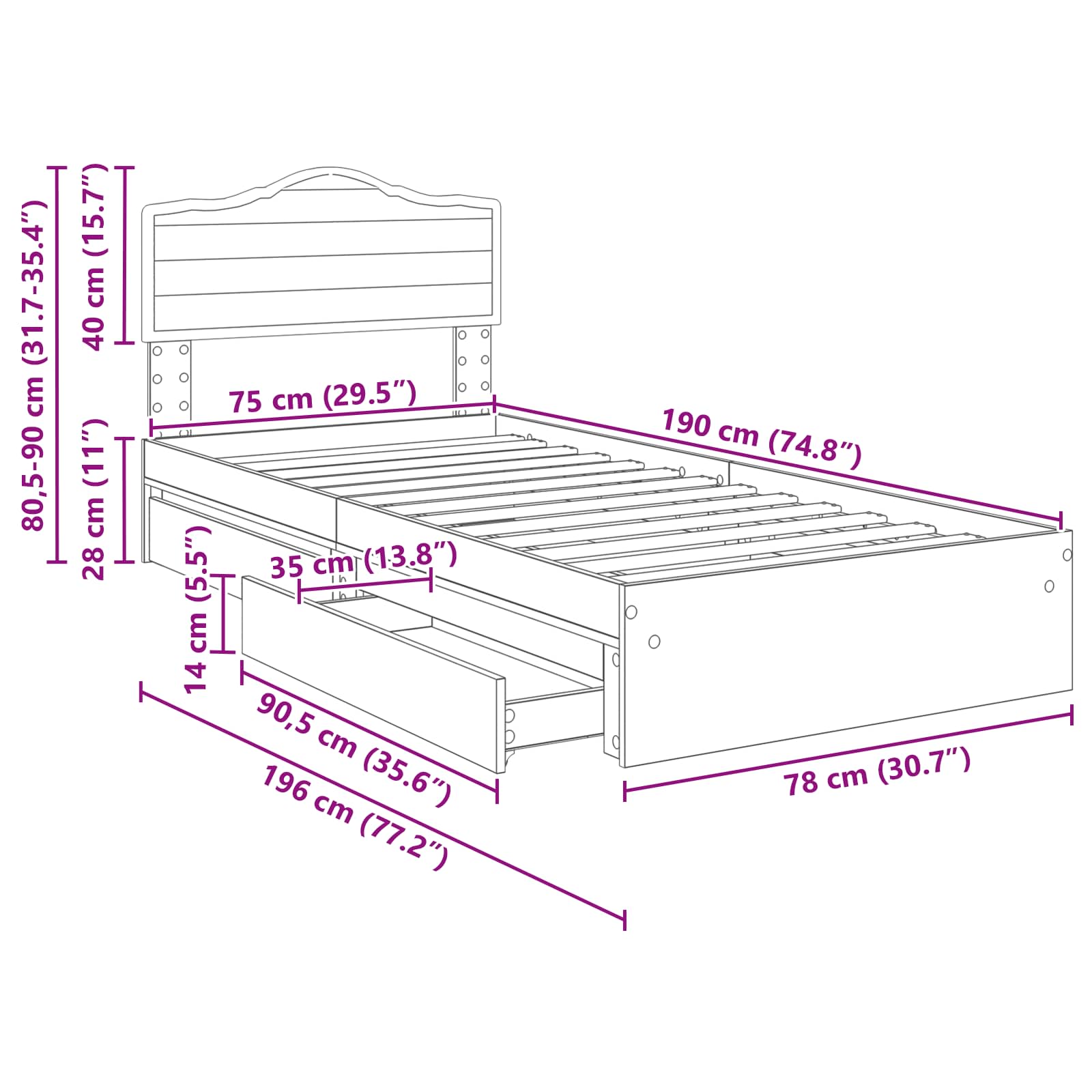 Krevet s od storage s uzglavljem Dimljeni hrast 70 x 190 cm