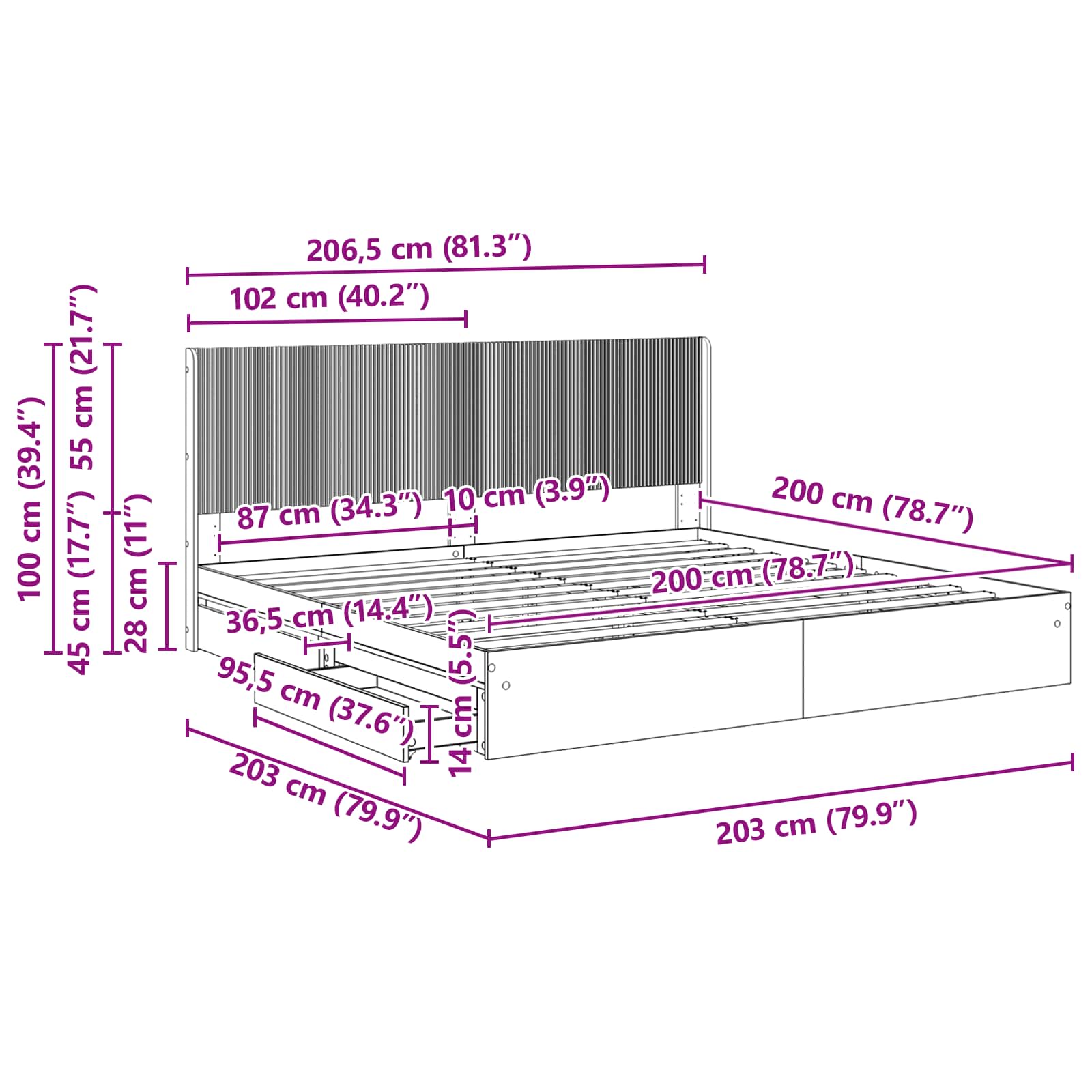 Krevetna konstrukcija s pohranom i uzglavljem Crna 200 x 200 cm