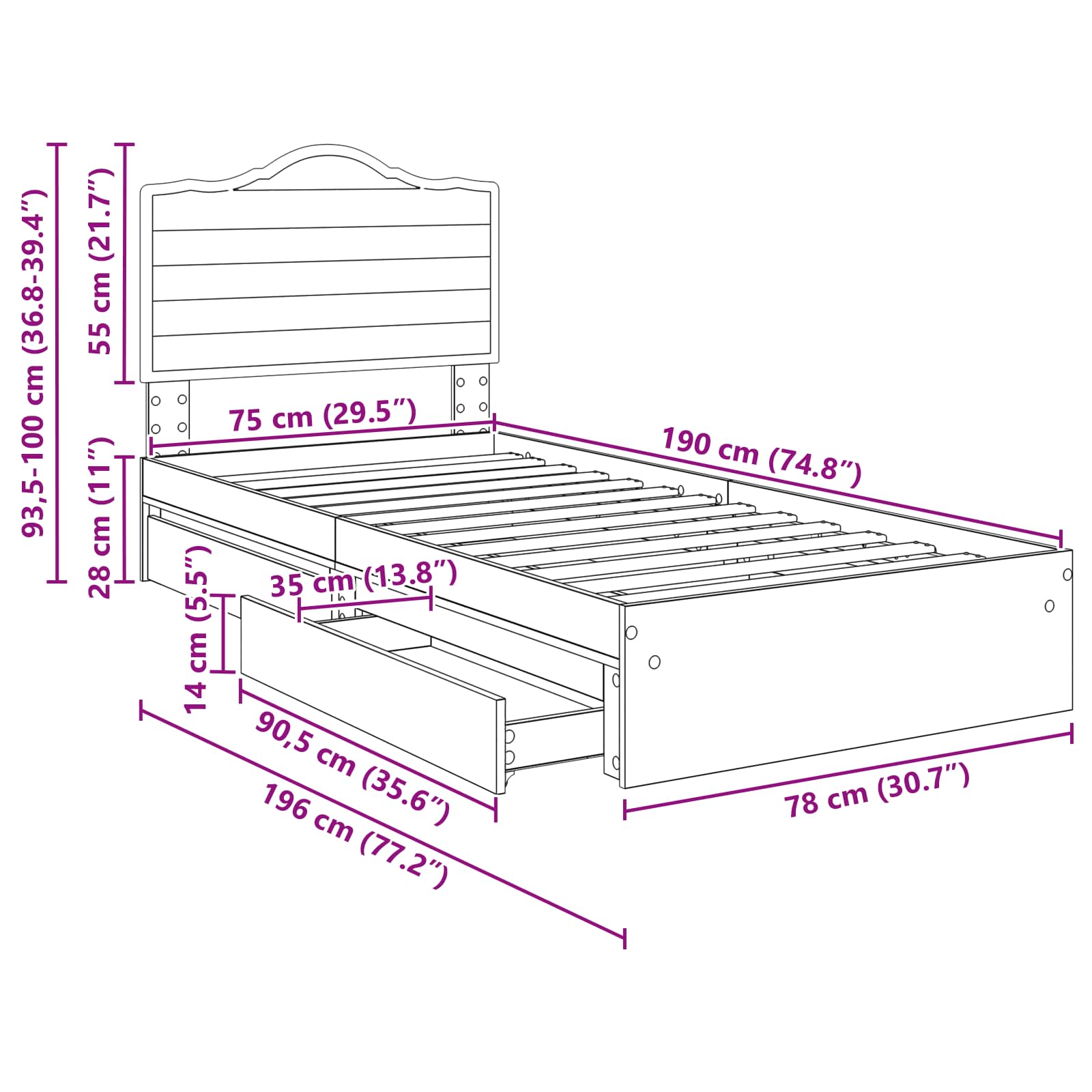 Krevet s od storage Podesiva Crna 70 x 190 cm Konstruirano drvo