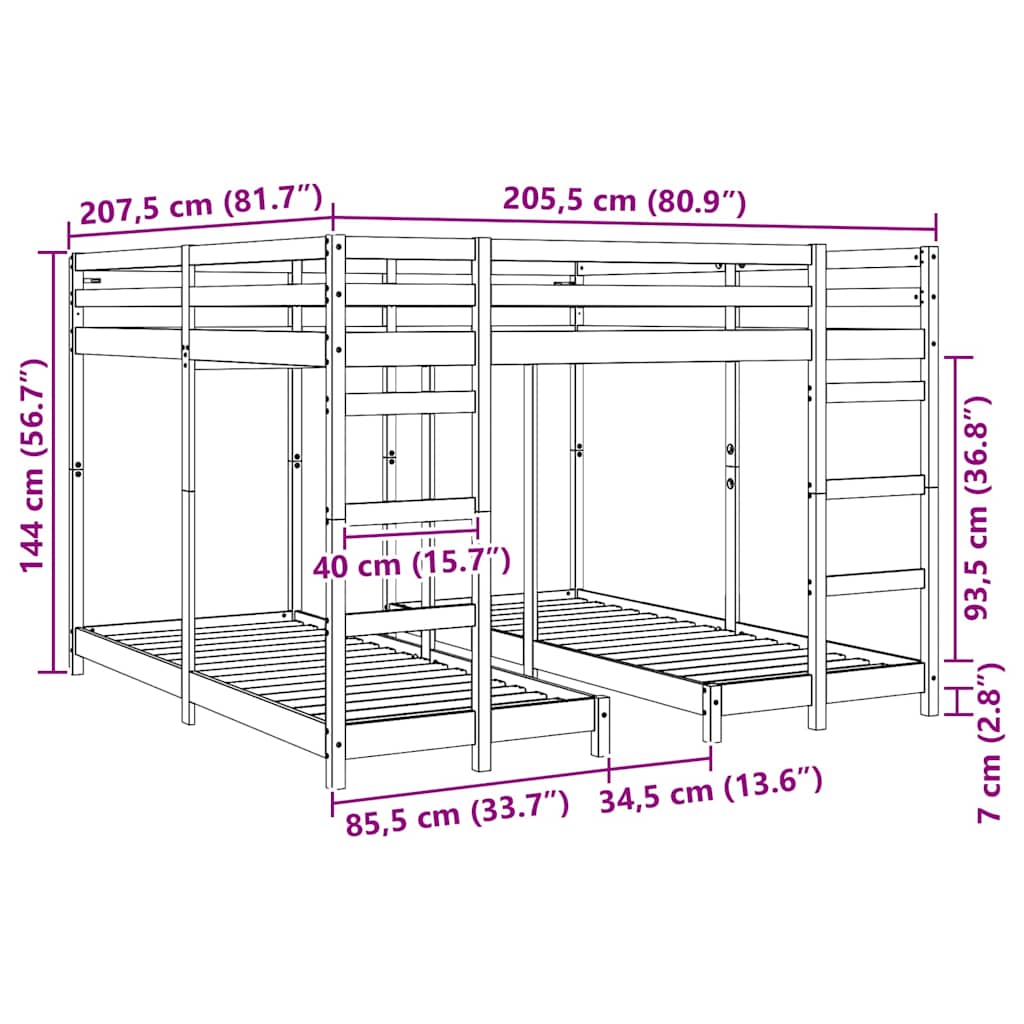 Trokatni krevet Bijelo 200 x 200 cm Čvrsto borovo drvo