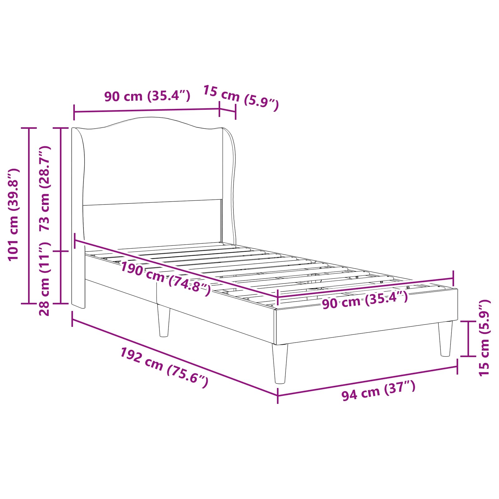 Krevetna konstrukcija s uzglavljem Tamnosiva 90 x 190 cm Baršun