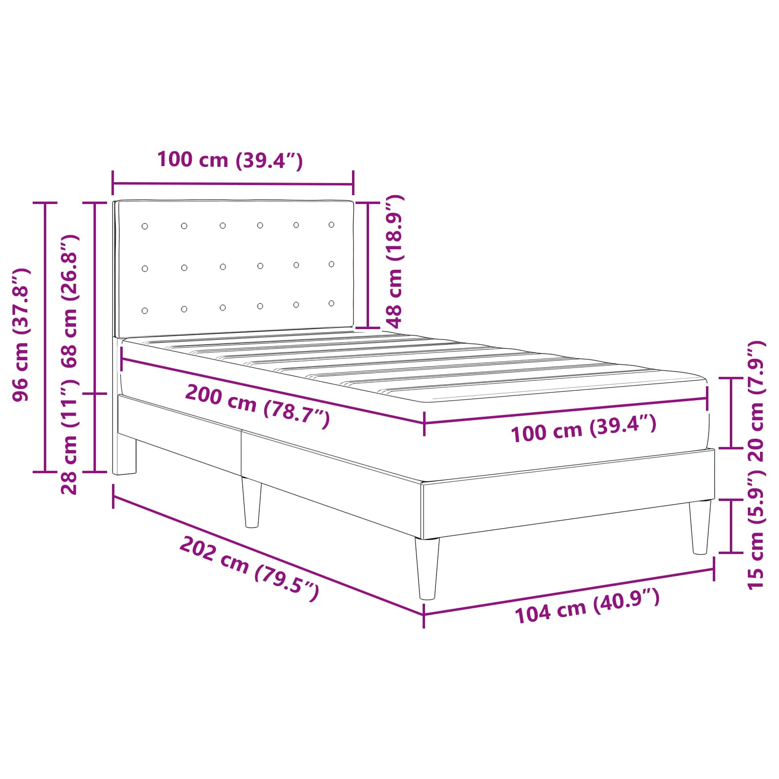 Okvir kreveta s madracem s uzglavljem Crna 100 x 200 cm tkanina