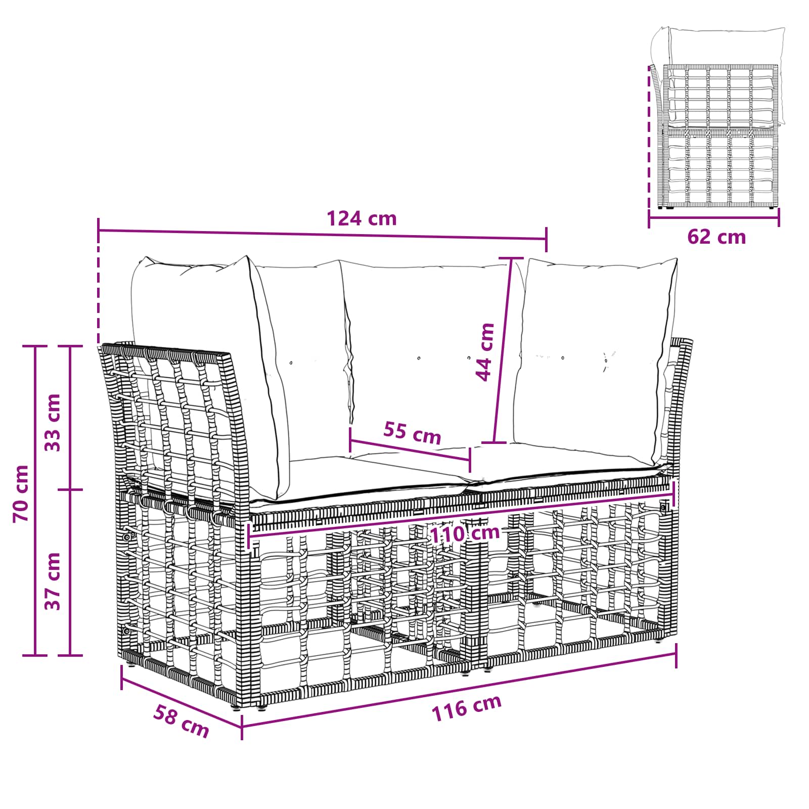 Vanjski loveseat s jastukom 2 pcs Crna i tamno siva poliratan