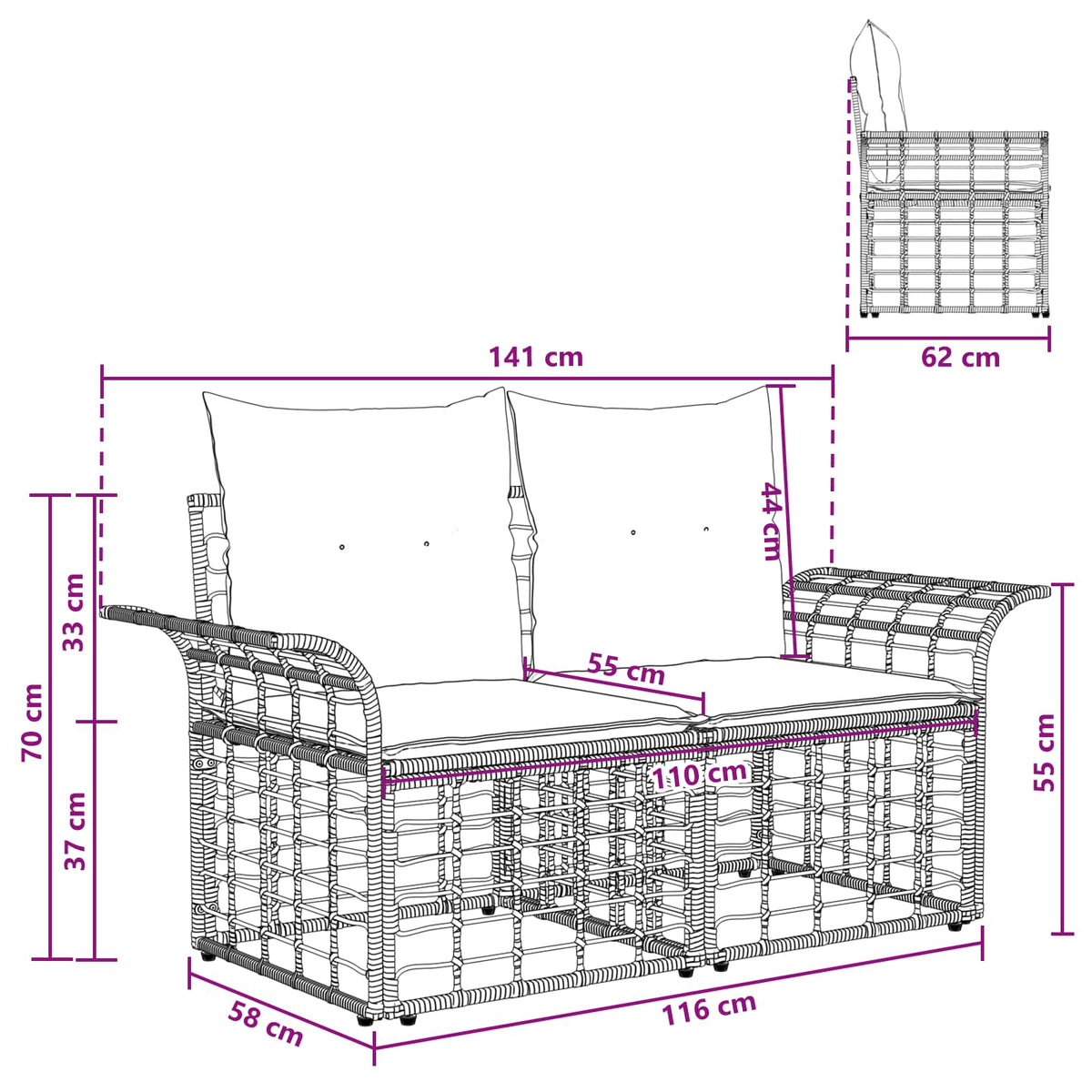 Vanjski loveseat s jastukom 2 pcs Crna i tamno siva poliratan