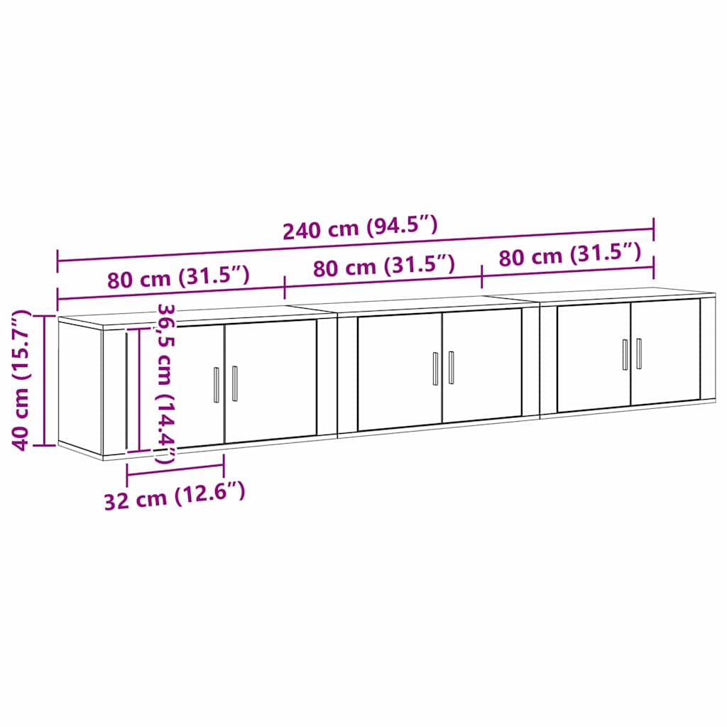 Zidni TV ormar set Zidne 3 pcs Crni hrast 80 x 34,5 x 40 cm