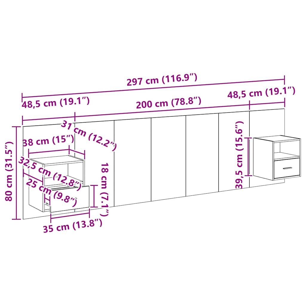 Uzglavlje s ormarićem Zidne 3 pcs Staro drvo Konstruirano drvo
