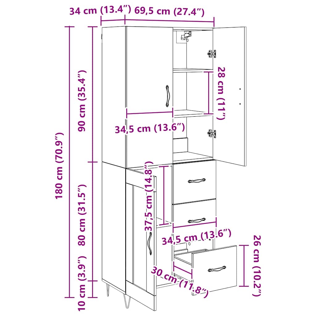 Highboard s ladicama 2 pcs Staro drvo Konstruirano drvo