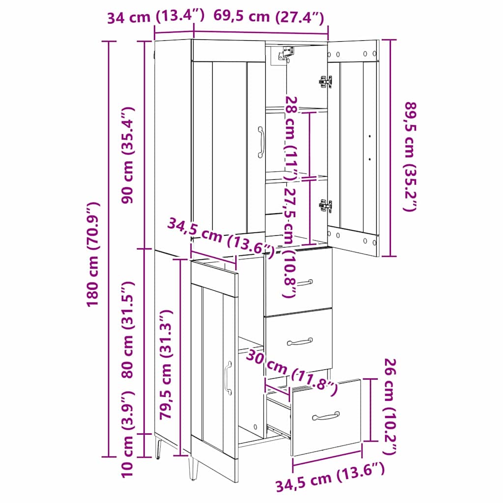Highboard Staro drvo 69,5 x 34 x 180 cm Konstruirano drvo
