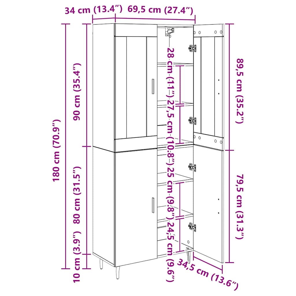 Highboard 2 kom. Staro drvo 69,5 x 34 x 180 cm