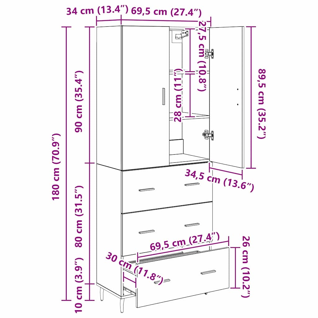 Highboard s ladicama 2 pcs Staro drvo Inženjerska drva i staklo