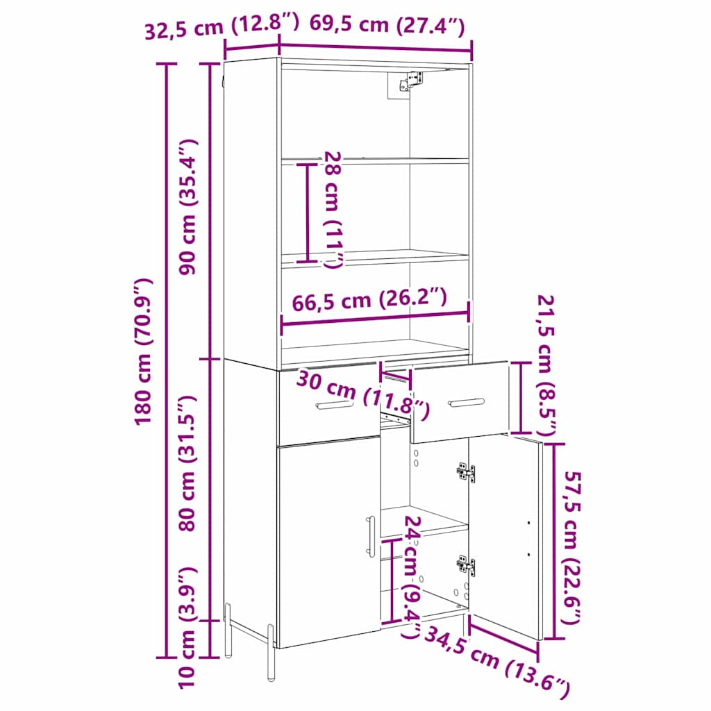 Highboard Staro drvo 69,5 x 32,5 x 180 cm Konstruirano drvo