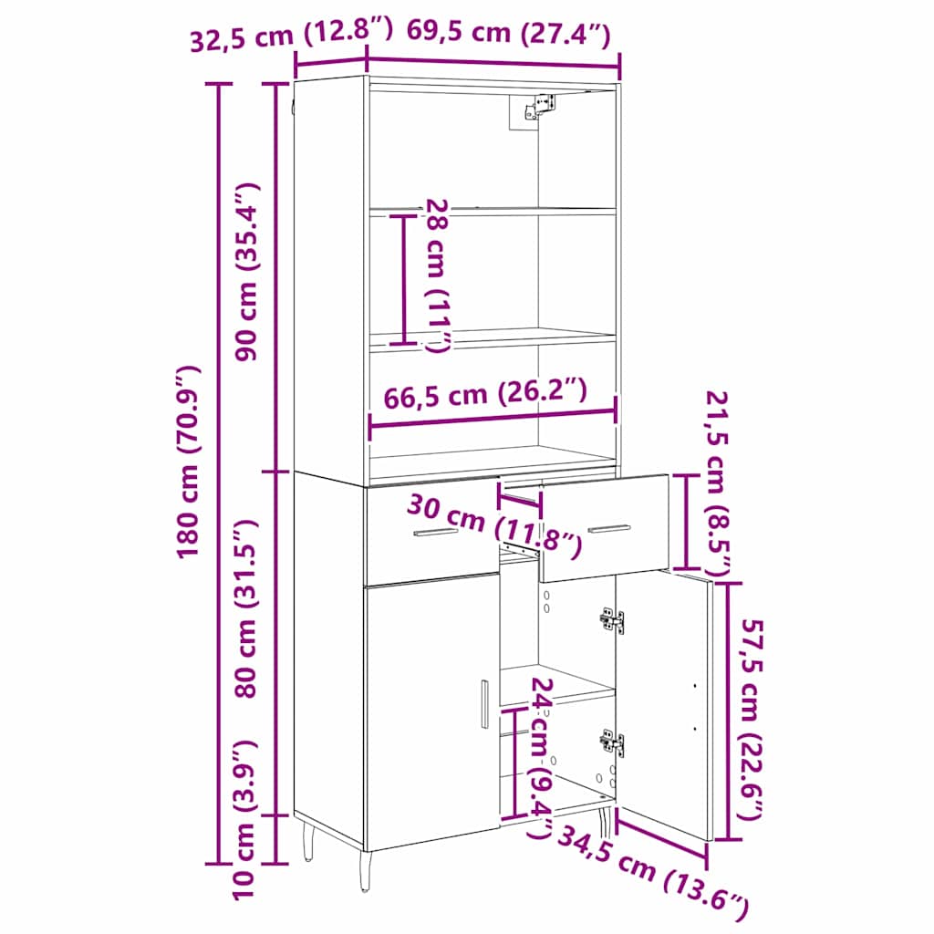 Highboard s ladicama Staro drvo 69,5 x 34 x 180 cm