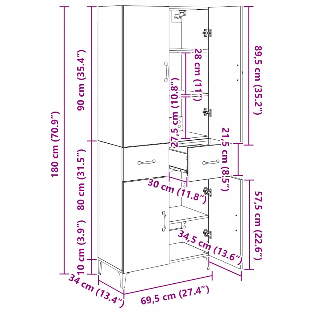 Highboard Staro drvo 69,5 x 34 x 180 cm Konstruirano drvo