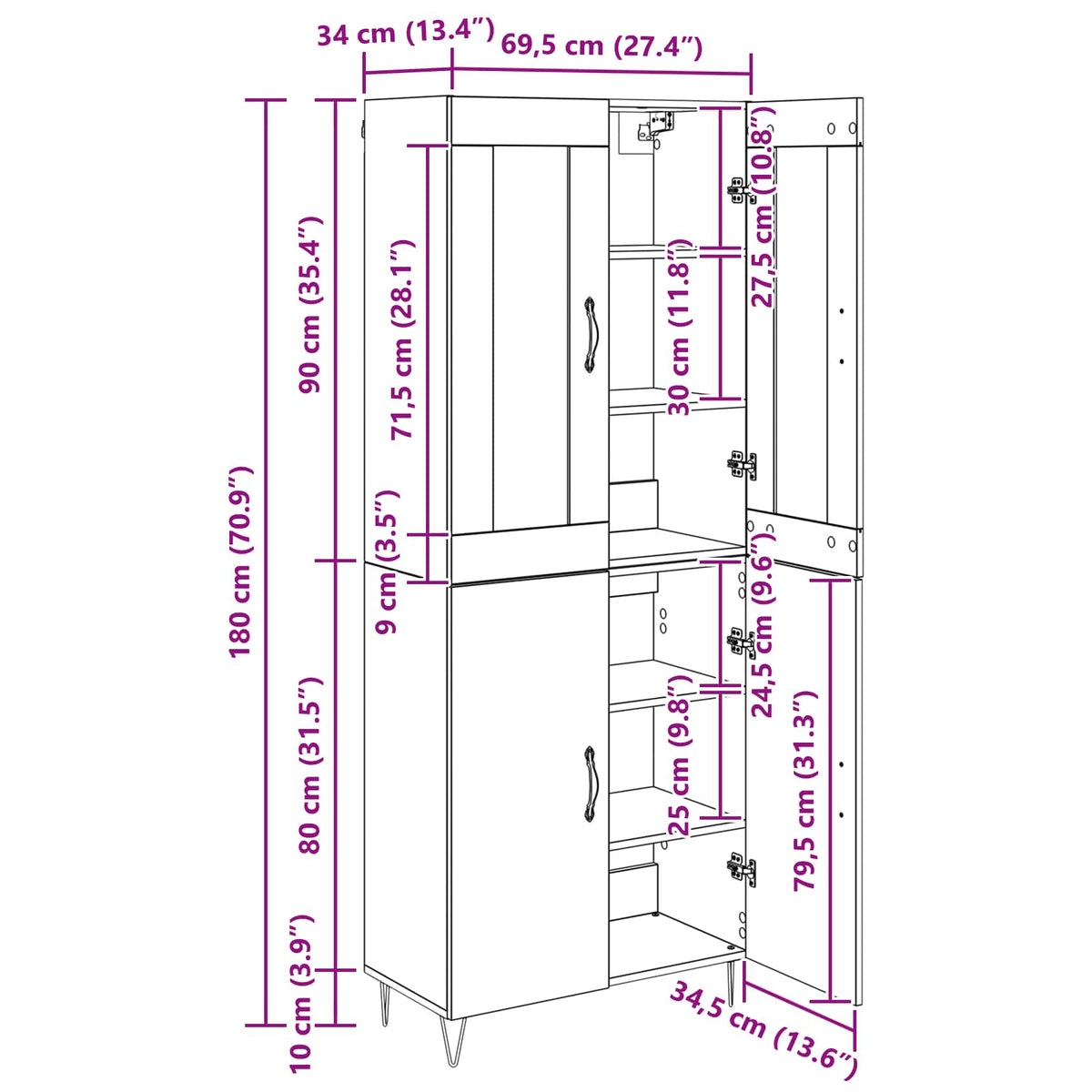 Highboard Staro drvo 69,5 x 34 x 180 cm Konstruirano drvo