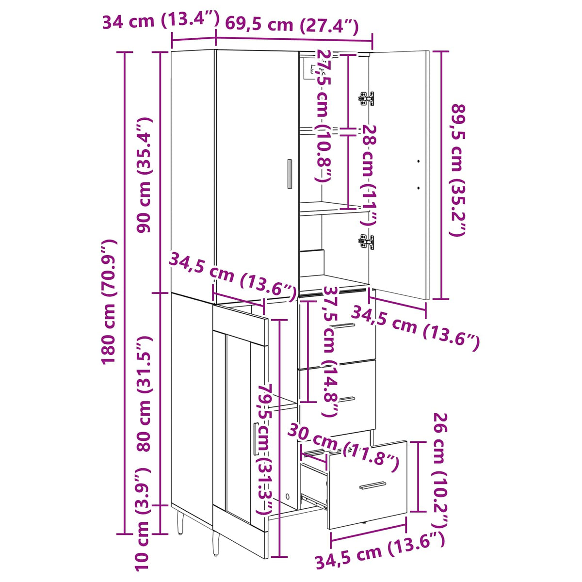 Highboard 2 kom. Staro drvo 69,5 x 34 x 180 cm