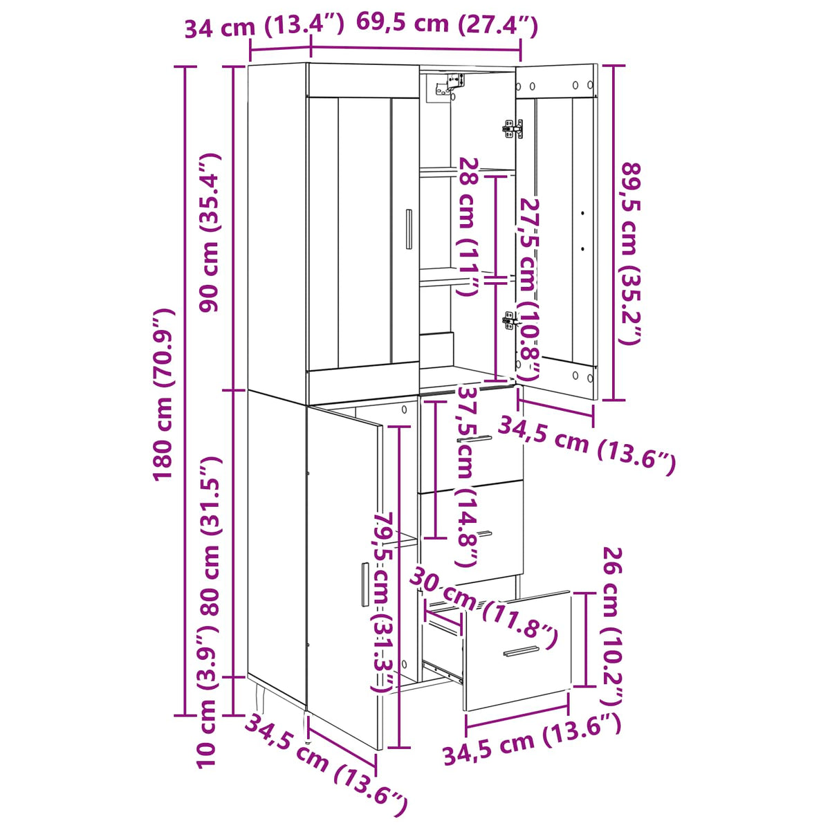 Highboard 2 kom. Staro drvo 69,5 x 34 x 180 cm