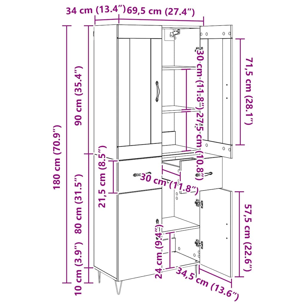 Highboard Staro drvo 69,5 x 34 x 180 cm Konstruirano drvo