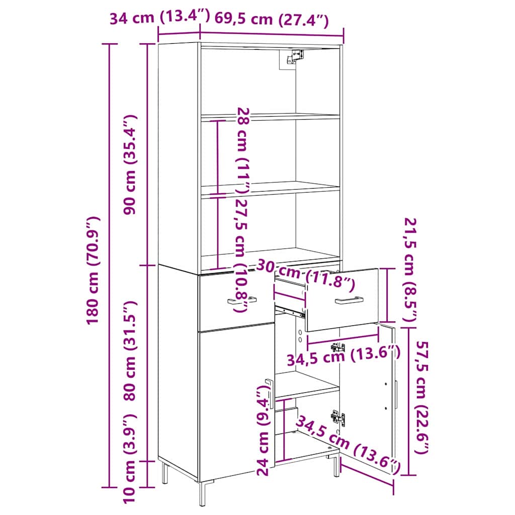 Highboard Staro drvo 69,5 x 34 x 180 cm Konstruirano drvo