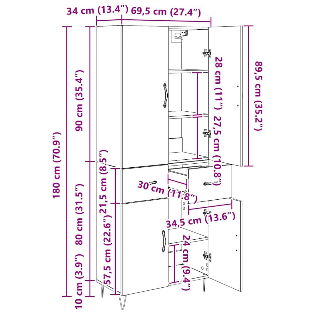 Highboard s ladicama 2 pcs Staro drvo Inženjersko drvo i staklo