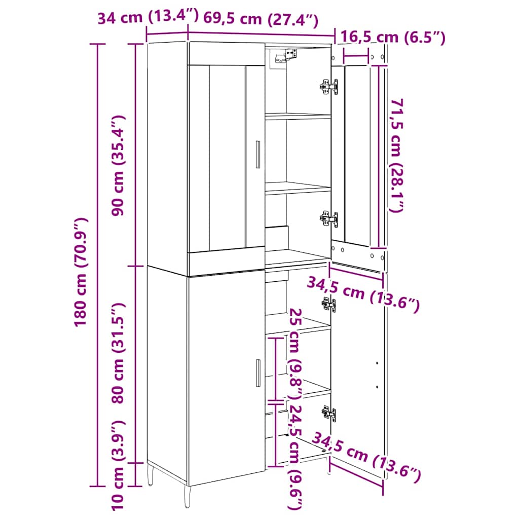 Highboard 2 kom. Staro drvo 69,5 x 34 x 180 cm