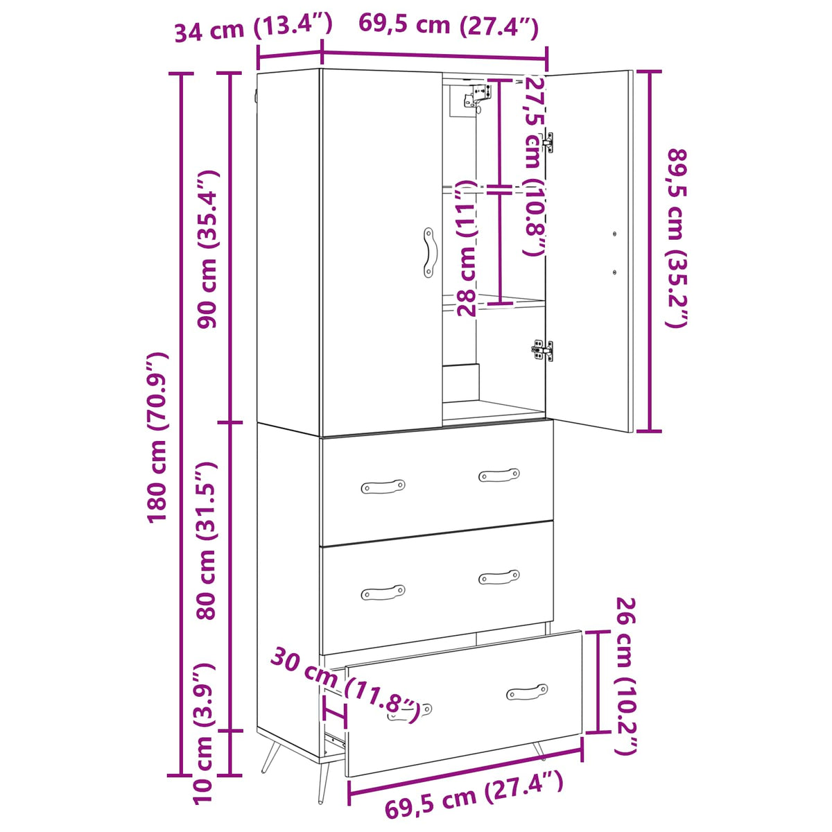 Highboard Staro drvo 69,5 x 34 x 180 cm Konstruirano drvo