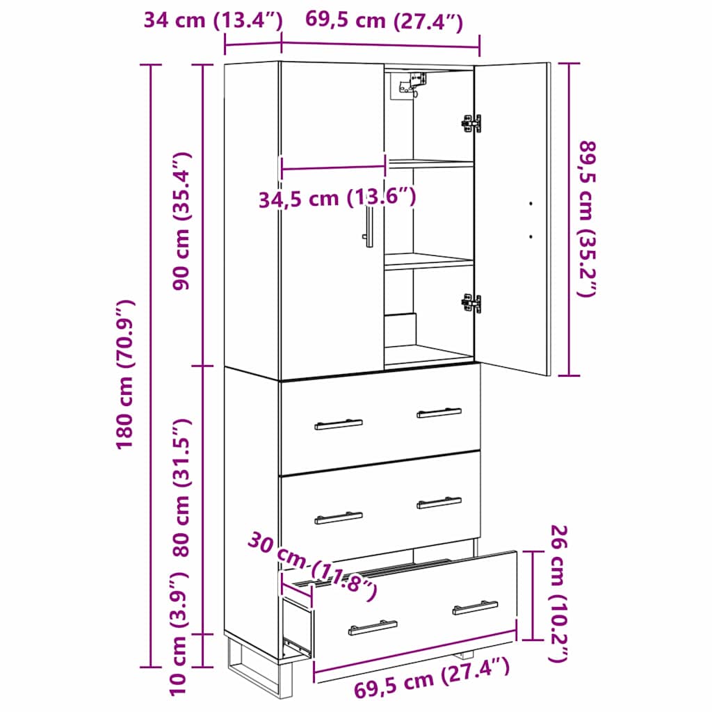 Highboard 2 kom. Staro drvo 69,5 x 34 x 180 cm
