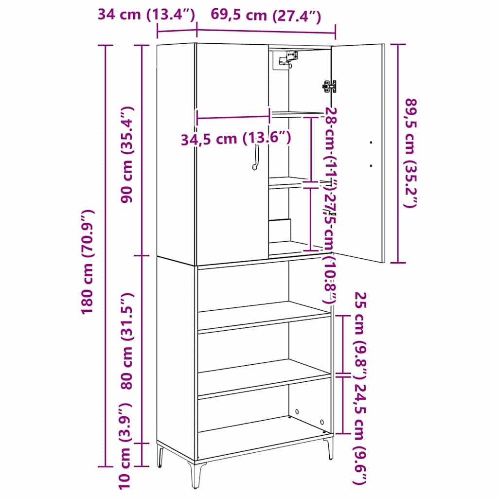 Highboard Staro drvo 69,5 x 34 x 180 cm Konstruirano drvo