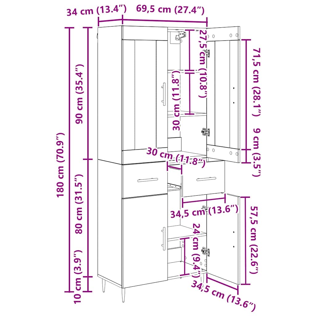 Highboard 2 kom. Staro drvo 69,5 x 34 x 180 cm
