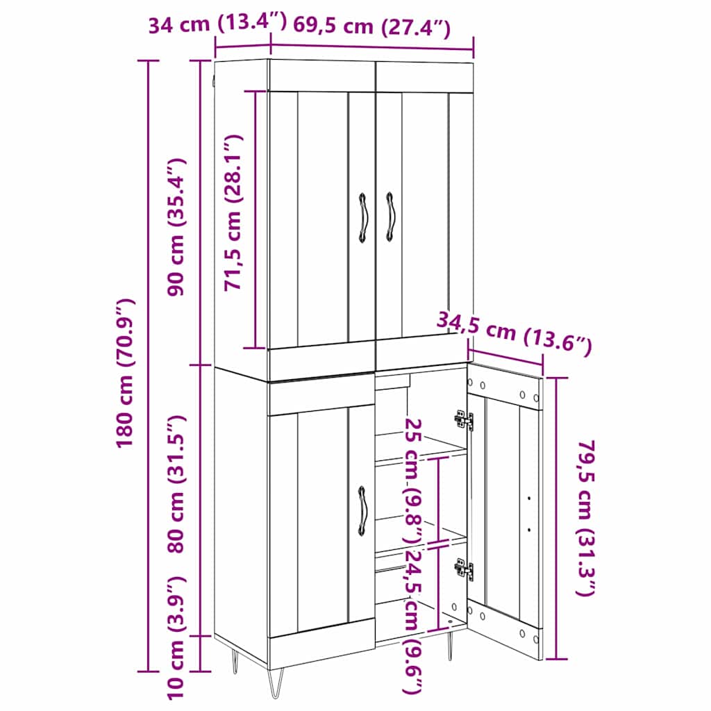 Highboard Umjetnički hrast 69,5 x 34 x 180 cm Konstruirano drvo