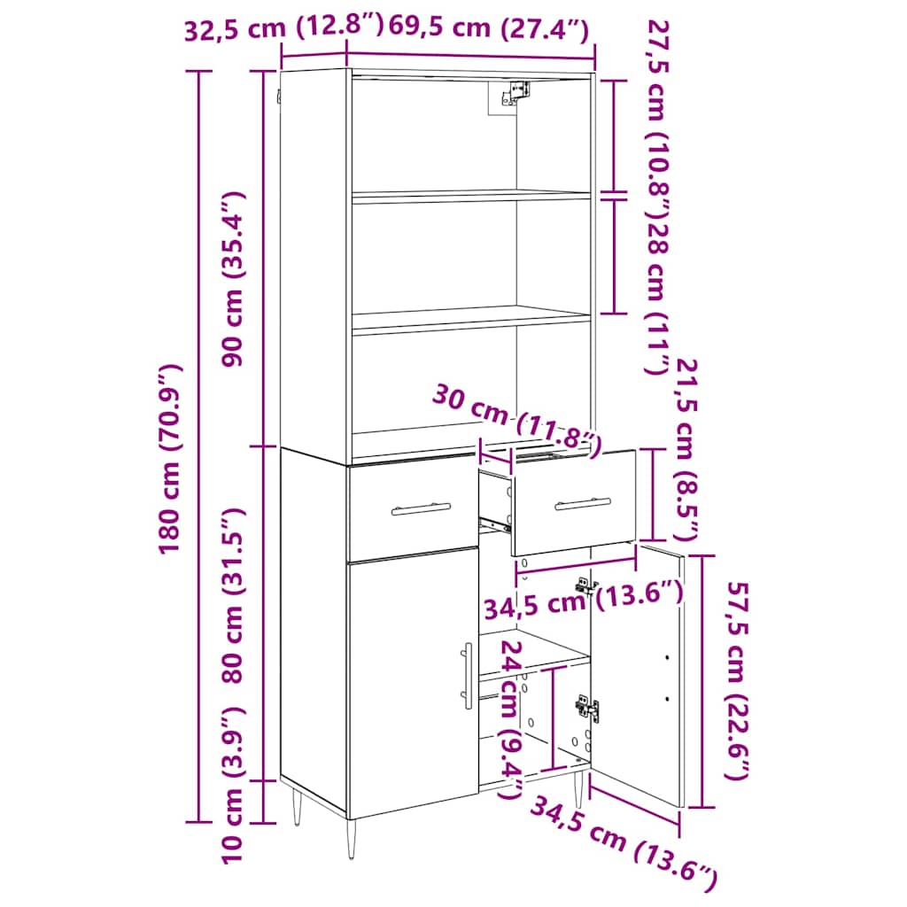Highboard Umjetnički hrast 69,5 x 34 x 180 cm Konstruirano drvo